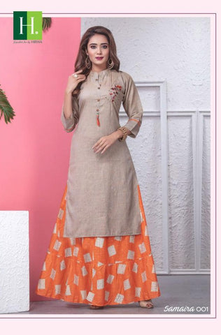 Hirwa Presents Samaira Rayon Embroidery Work Long Gown Type Fancy Designer Kurtis Collection