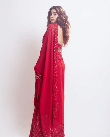 Jhanvi Kapoor Stylish Designher Red Color Georgette Embroidery Work Saree