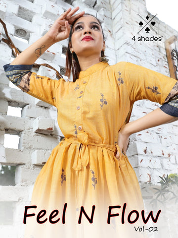 4 Shades Presents Feel N Flow Vol 2 Rayon Gold Printed Fancy Designer Kurtis