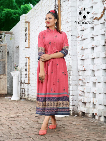 4 Shades Presents Feel N Flow Vol 2 Rayon Gold Printed Fancy Designer Kurtis