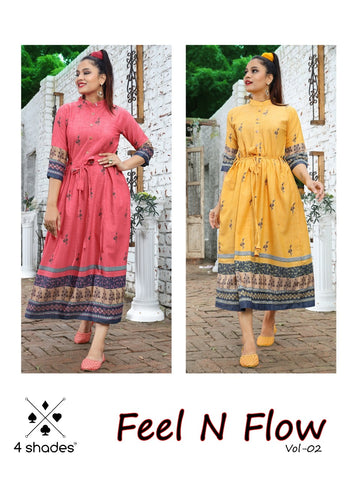 4 Shades Presents Feel N Flow Vol 2 Rayon Gold Printed Fancy Designer Kurtis