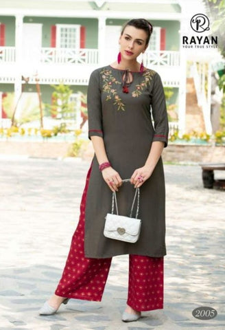 R Studio Rayan Presents Jhalak Rayon Embroidery Work Fancy Designer Kurtis And Plazzo