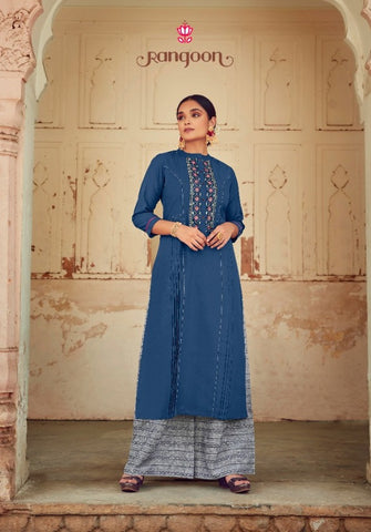 Rangoon Presents Manjree Rayon Fancy Designer Kurtis Collection And Plazzo