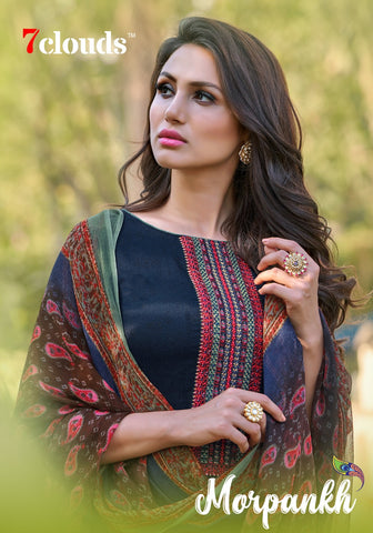7 Clouds Presents Morpankh Jam Print Embroidery Work Fancy Designer Salwar Kameez