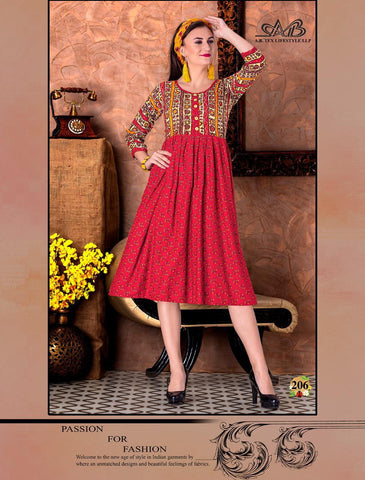 A B Tex Lifestyle Launched Suhani Rayon Printed Casual Wear Kurtis Collection