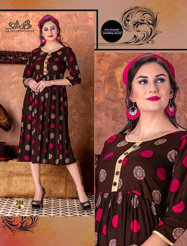 A B Tex Lifestyle Launched Suhani Rayon Printed Casual Wear Kurtis Collection