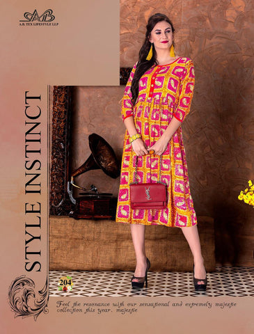 A B Tex Lifestyle Launched Suhani Rayon Printed Casual Wear Kurtis Collection