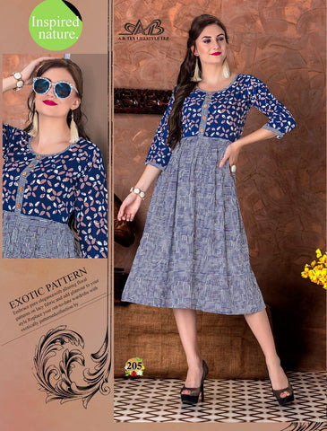 A B Tex Lifestyle Launched Suhani Rayon Printed Casual Wear Kurtis Collection