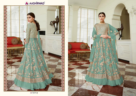Aashirwad Creation Presents Celebration Gold Butterfly Net Fancy Designer Salwar Kameez