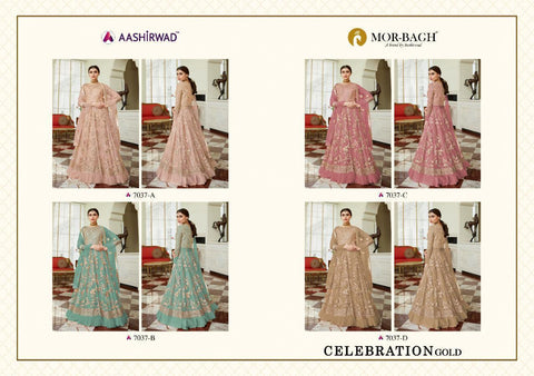 Aashirwad Creation Presents Celebration Gold Butterfly Net Fancy Designer Salwar Kameez