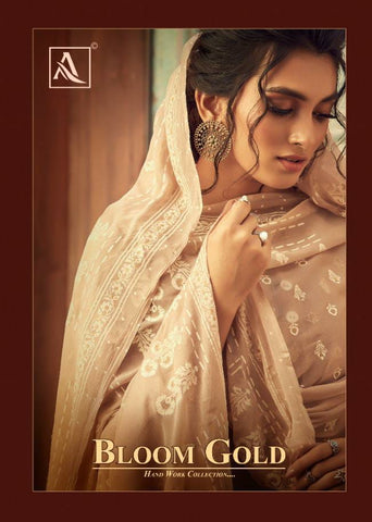 Alok Suits Bloom Gold Lawn Cotton Block Print Khatli Work Designer Collection