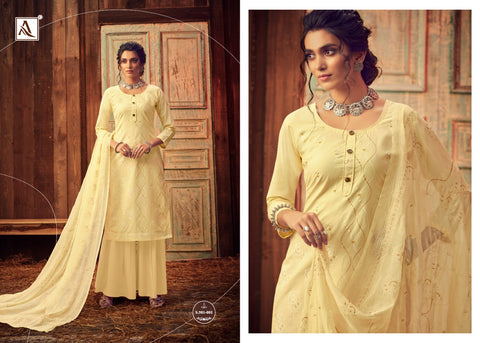 Alok Suits Bloom Gold Lawn Cotton Block Print Khatli Work Designer Collection