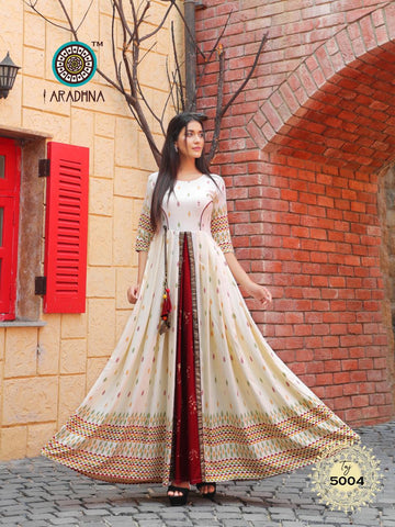 Buy PUSHPA 5.0 - HEAVY RAYON PRINTED FRONT SLIT LONG GOWN WITH ROUND  BUTTONS at INR 500 online from Inli Exports anarkali style kurtis :  pushpa5-104