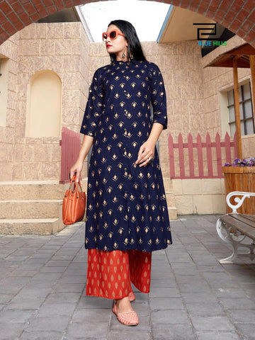 Blue Hills Presents Style In Vol 3 Gold Printed Rayon Designer Kurtis Collection