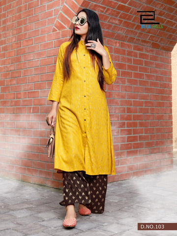 Blue Hills Presents Style In Vol 3 Gold Printed Rayon Designer Kurtis Collection