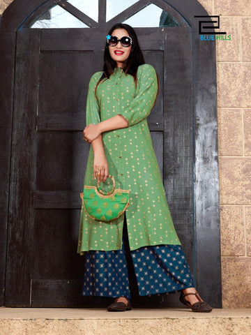 Blue Hills Presents Style In Vol 3 Gold Printed Rayon Designer Kurtis Collection