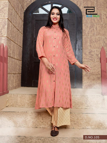 Blue Hills Presents Style In Vol 3 Gold Printed Rayon Designer Kurtis Collection
