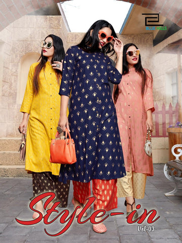 Blue Hills Presents Style In Vol 3 Gold Printed Rayon Designer Kurtis Collection