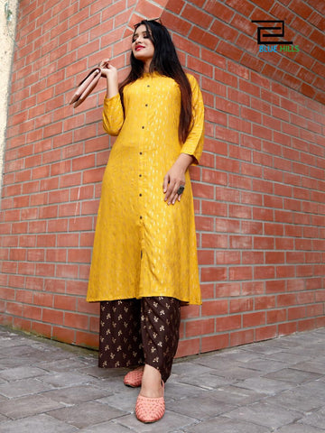 Blue Hills Presents Style In Vol 3 Gold Printed Rayon Designer Kurtis Collection