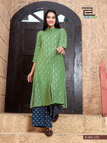 Blue Hills Presents Style In Vol 3 Gold Printed Rayon Designer Kurtis Collection