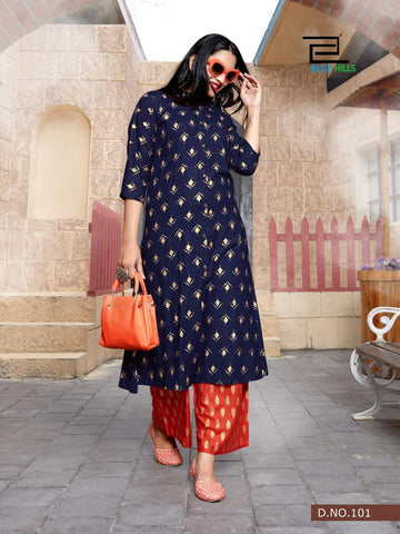 Blue Hills Presents Style In Vol 3 Gold Printed Rayon Designer Kurtis Collection