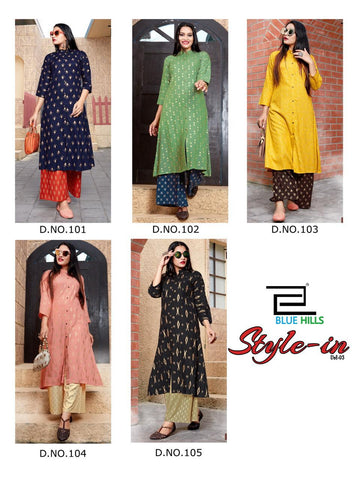 Blue Hills Presents Style In Vol 3 Gold Printed Rayon Designer Kurtis Collection