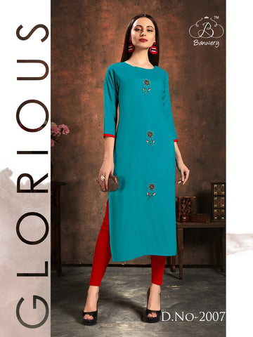 Banwery Fashion Launched Handwork Rayon Fancy Designer Kurtis Collection