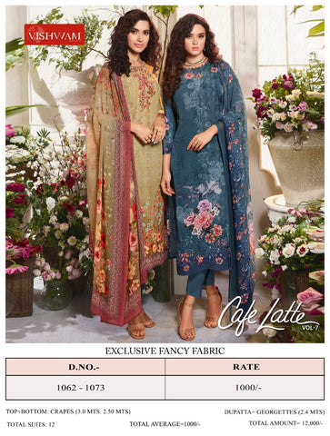 Vishwam Fabric Launched Cafe Lette Vol 7 Crapes Fancy Designer Salwar Suits
