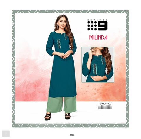 MILINDA RAYON KURTI WITH COMFORT PLAZZO SUPPLIER CHANNEL 9 PRESENT