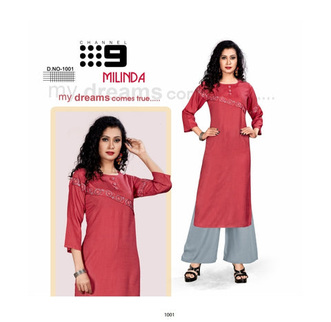 MILINDA RAYON KURTI WITH COMFORT PLAZZO SUPPLIER CHANNEL 9 PRESENT