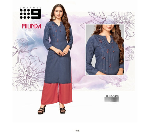 MILINDA RAYON KURTI WITH COMFORT PLAZZO SUPPLIER CHANNEL 9 PRESENT
