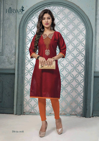 Divya Presents Hirwa Cotton Embroidery Work Casual Wear Kurtis Collection