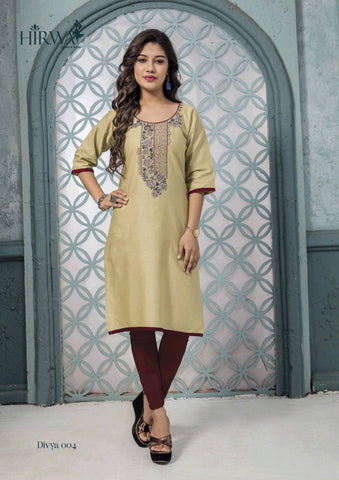 Divya Presents Hirwa Cotton Embroidery Work Casual Wear Kurtis Collection