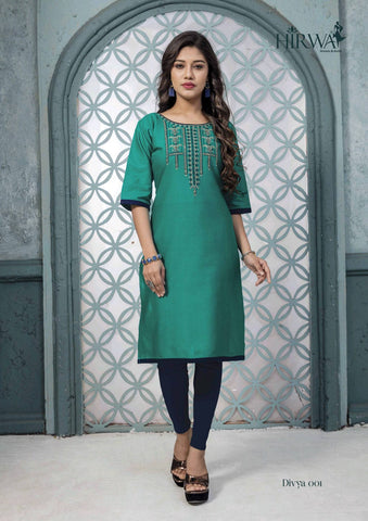 Divya Presents Hirwa Cotton Embroidery Work Casual Wear Kurtis Collection