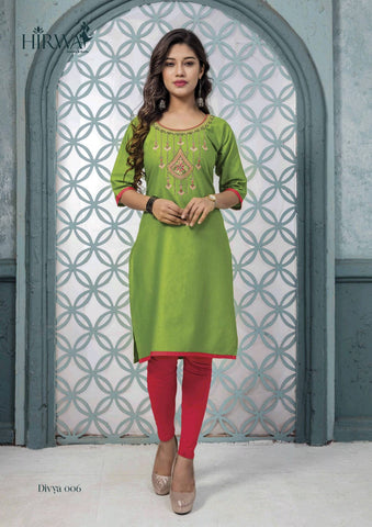 Divya Presents Hirwa Cotton Embroidery Work Casual Wear Kurtis Collection