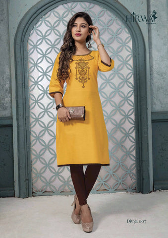 Divya Presents Hirwa Cotton Embroidery Work Casual Wear Kurtis Collection