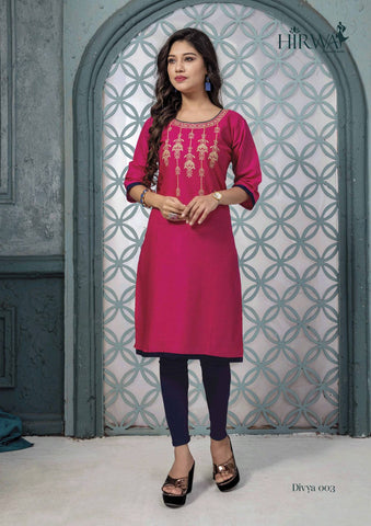 Divya Presents Hirwa Cotton Embroidery Work Casual Wear Kurtis Collection
