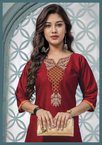 Divya Presents Hirwa Cotton Embroidery Work Casual Wear Kurtis Collection