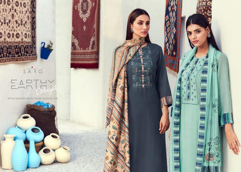Sarg Presents Earthy Delight Viscose Printed Embroidery Work Fancy Designer Salwar Suits