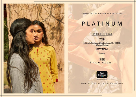 Four Button Launched Platinum Pure Cotton Casual Wear Kurtis Collection And Pants