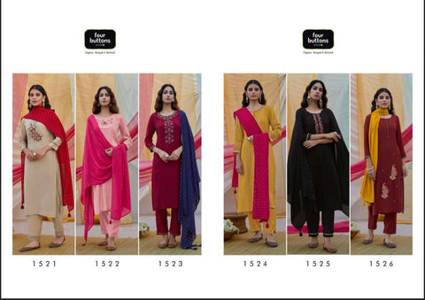 Four Button Launched Rang Viscose Silk Embroidery Work Fancy Designer Kurtis Collection