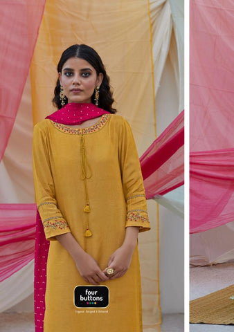 Four Button Launched Rang Viscose Silk Embroidery Work Fancy Designer Kurtis Collection