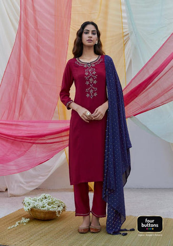 Four Button Launched Rang Viscose Silk Embroidery Work Fancy Designer Kurtis Collection