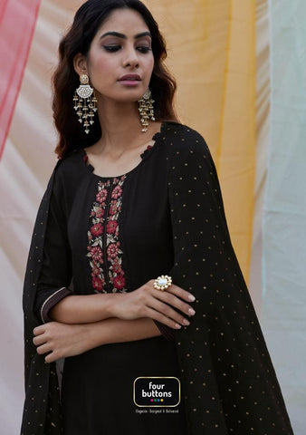 Four Button Launched Rang Viscose Silk Embroidery Work Fancy Designer Kurtis Collection