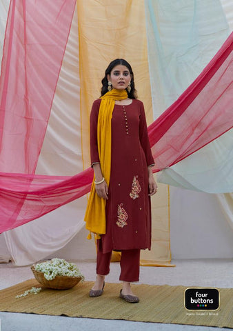 Four Button Launched Rang Viscose Silk Embroidery Work Fancy Designer Kurtis Collection
