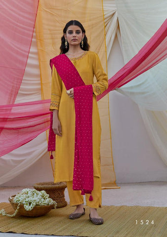 Four Button Launched Rang Viscose Silk Embroidery Work Fancy Designer Kurtis Collection