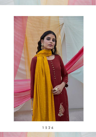 Four Button Launched Rang Viscose Silk Embroidery Work Fancy Designer Kurtis Collection