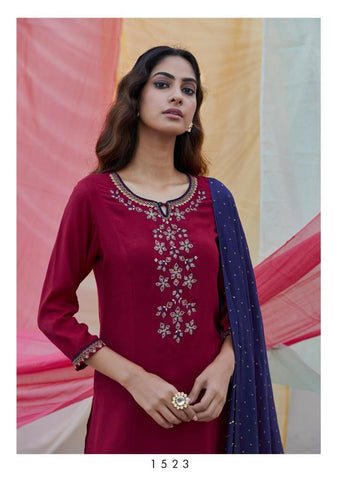 Four Button Launched Rang Viscose Silk Embroidery Work Fancy Designer Kurtis Collection