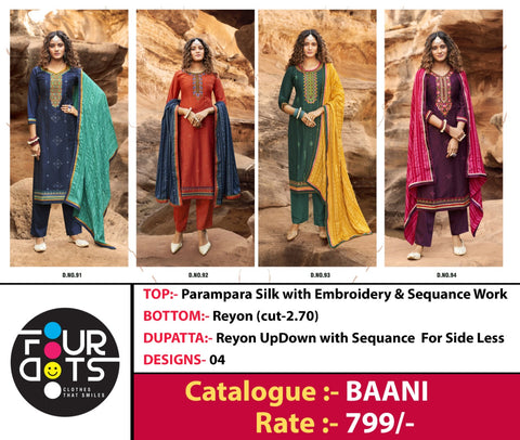 Four Dots Presents Baani Parampara Silk Embroidery Work Fancy Designer Salwar Suits