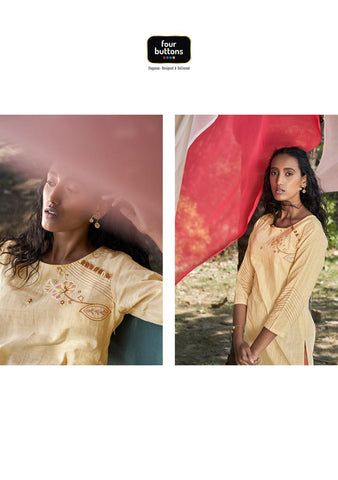Four Buttons Launched Peach Cotton Weaving Embroidery Work Casual Wear Kurtis
